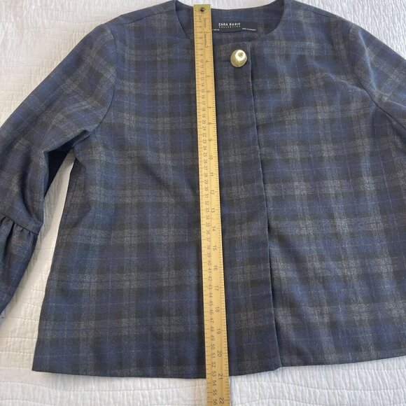 ZARA Basic Plaid Jacket SZ S Modern Crop Ruffle Bell Sleeve Blazer Navy Black - Picture 5 of 10